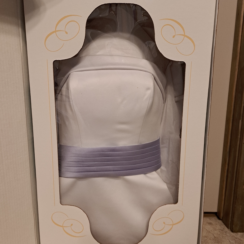 David's Bridal White Wedding Dress with Lavender Sash